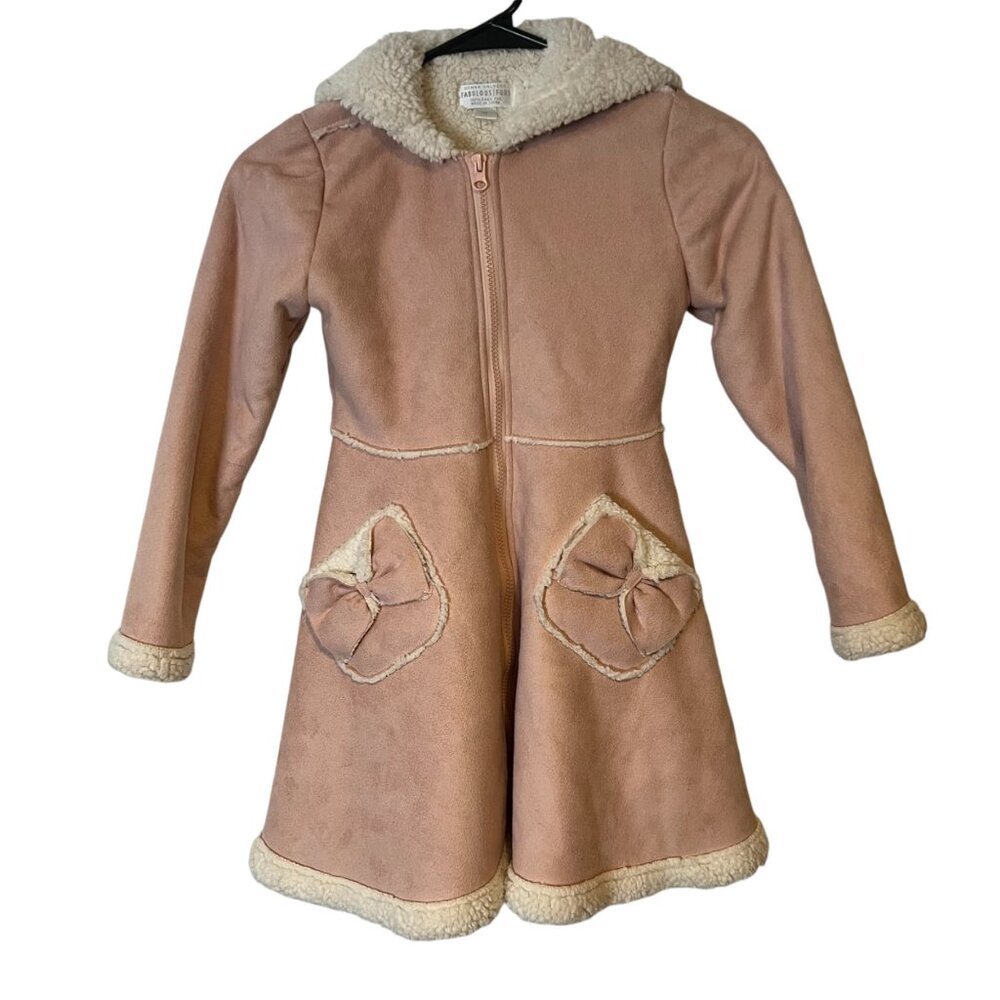 Girls Pink Faux Suede Coat Size M Barbiecore Hooded Princess Donna Salyer Glam